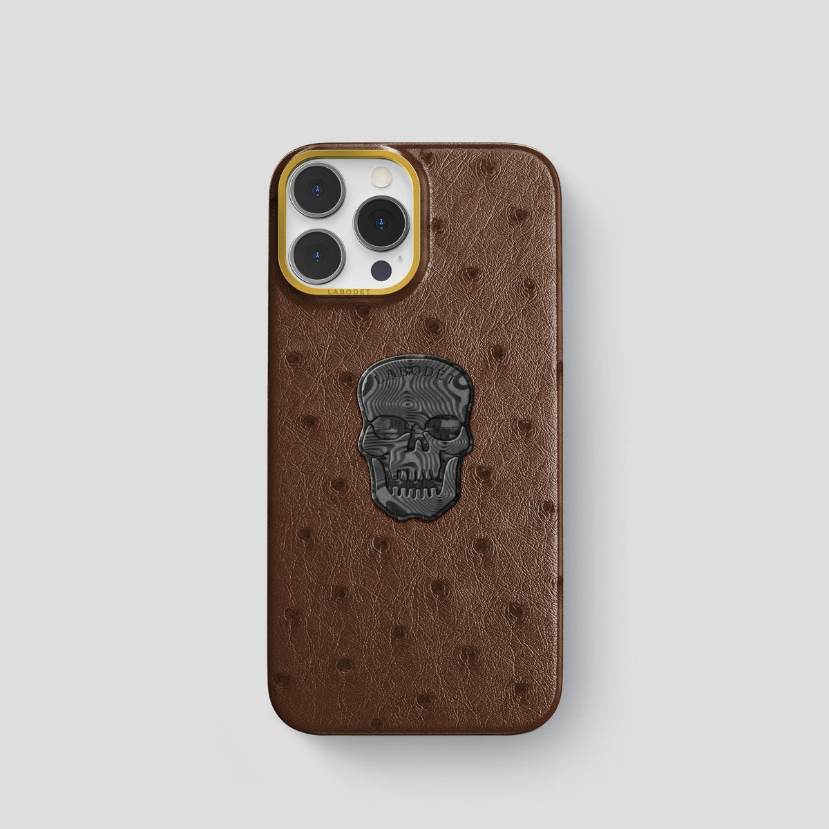 Chocolate iPhone 15 Pro Classic Case Ostrich with Gold Metal -1 | Chocolate-Gold