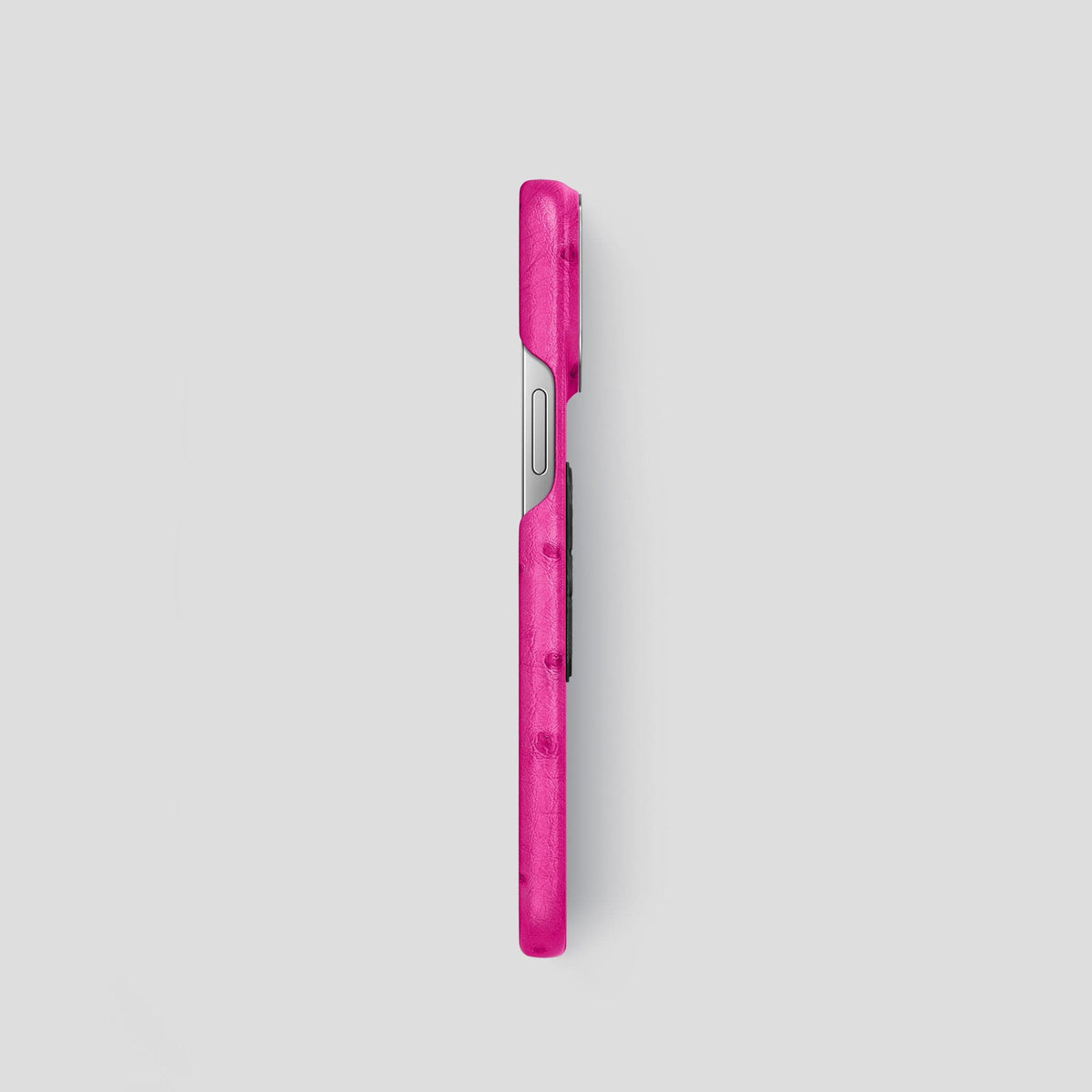 Fuchsia iPhone 15 Pro Classic Case Ostrich with Steel Metal -3 | Fuchsia-Steel