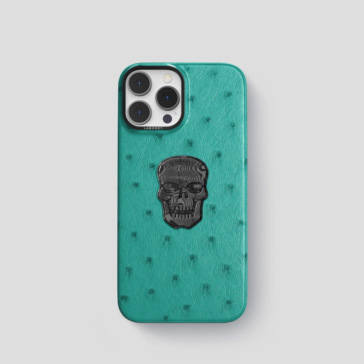 Turquoise iPhone 15 Pro Classic Case Ostrich with Black Metal -1 | Turquoise-Black