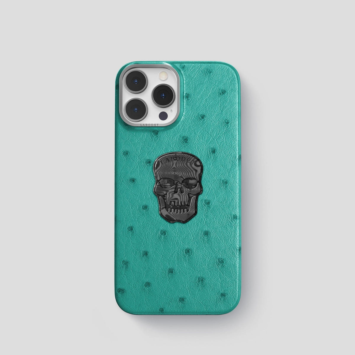Turquoise iPhone 15 Pro Classic Case Ostrich with Steel Metal -1 | Turquoise-Steel