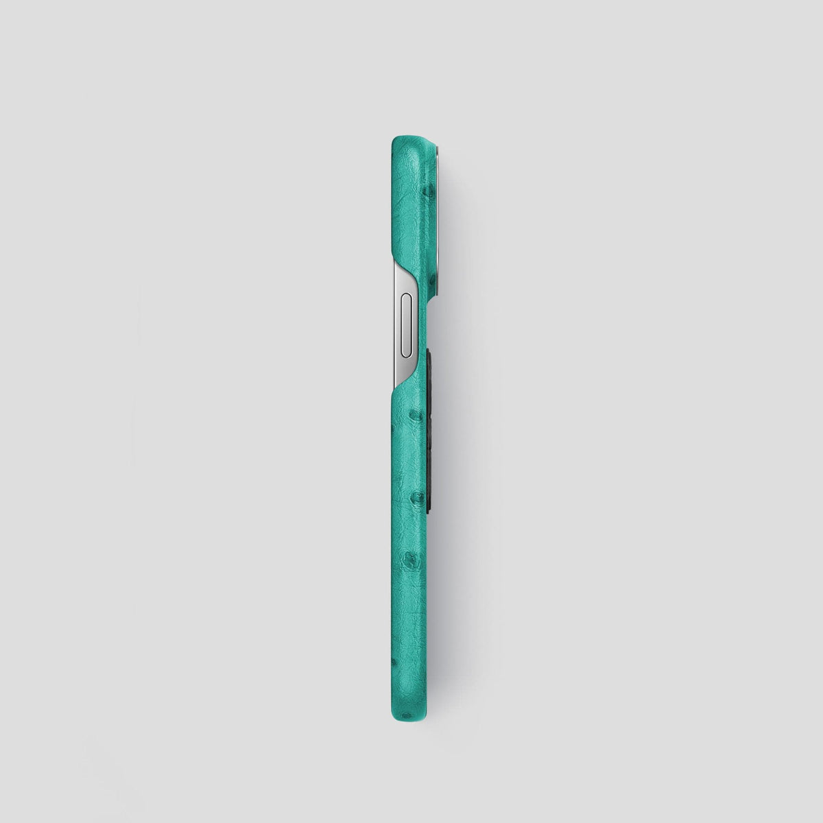 Turquoise iPhone 15 Pro Classic Case Ostrich with Steel Metal -3 | Turquoise-Steel