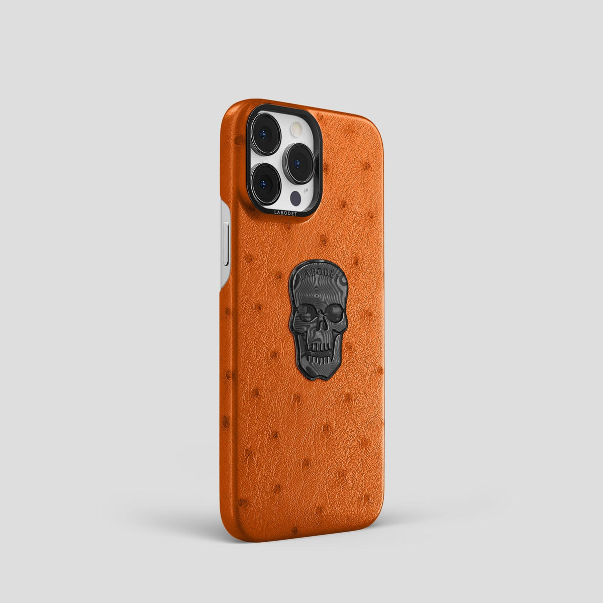 Medium-Brown iPhone 15 Pro Classic Case Ostrich with Black Metal -2 | Medium-Brown-Black