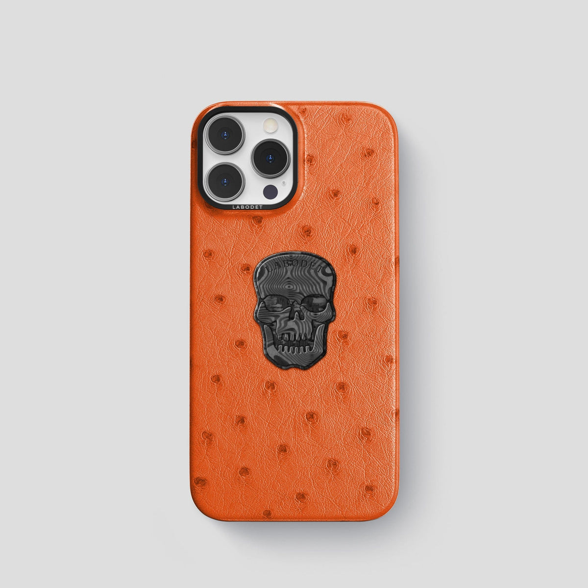 Orange iPhone 15 Pro Classic Case Ostrich with Black Metal -1 | Orange-Black