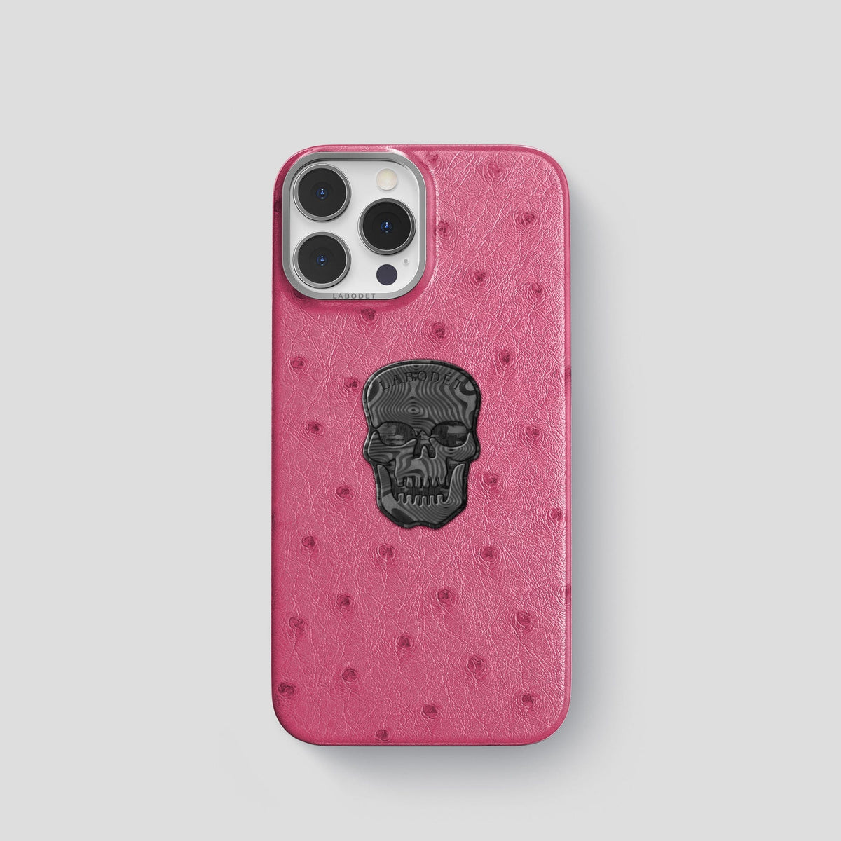 Petal Pink iPhone 15 Pro Classic Case Ostrich with Steel Metal -1 | Petal-Pink-Steel