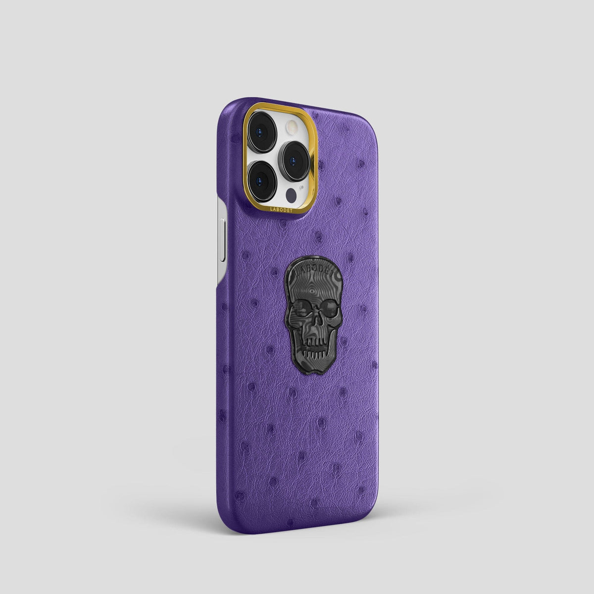Purple iPhone 14 Pro Classic Case Ostrich with Gold Metal -2 | Purple-Gold