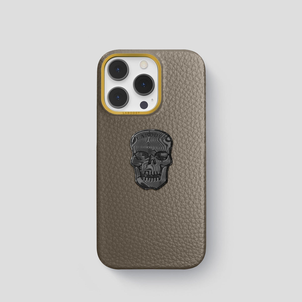 Taupe iPhone 15 Pro Classic Case Calf with Gold Metal -1 | Taupe-Gold