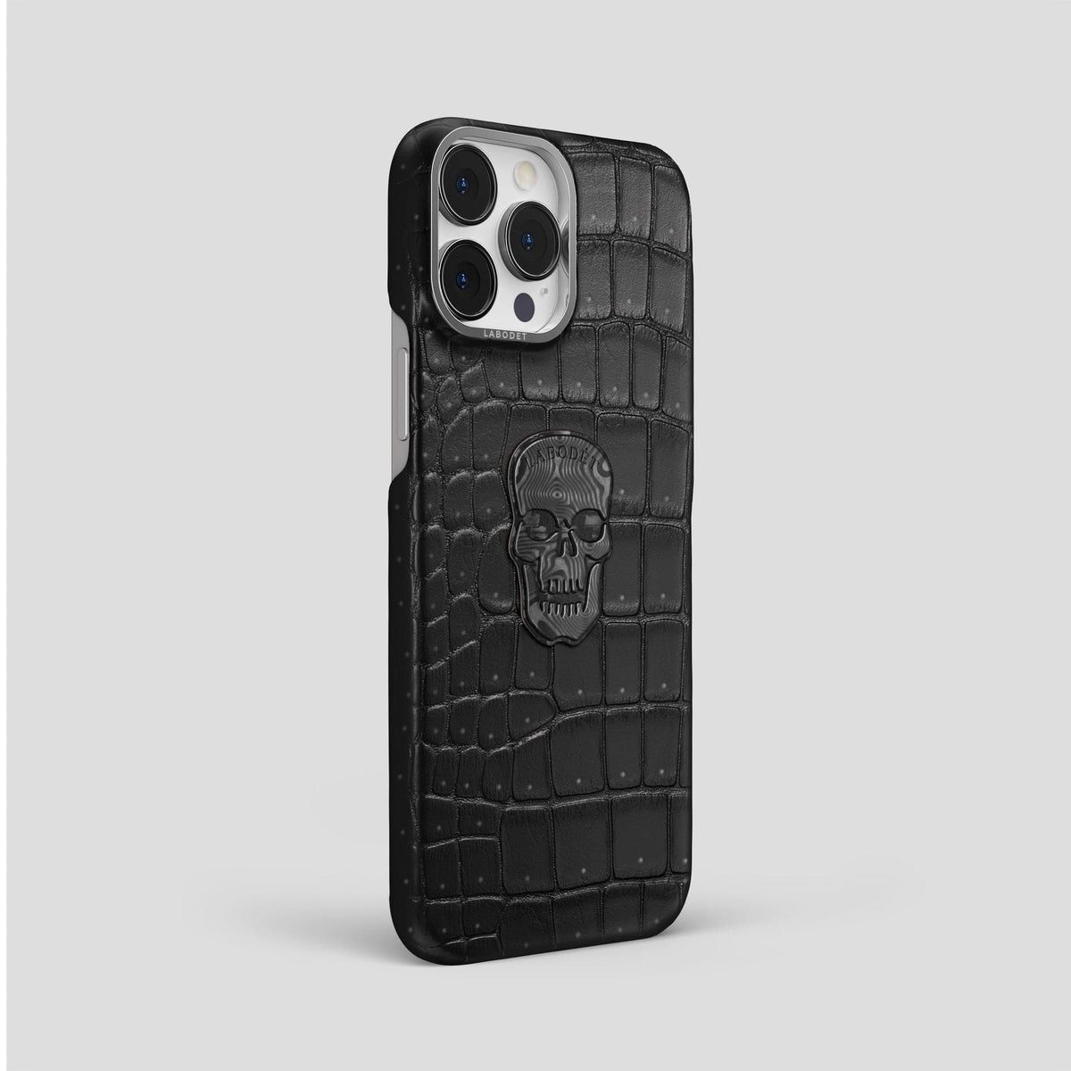Black iPhone 15 Pro Max Classic Case Porosus Crocodile with Steel Metal -2 | Black-Steel