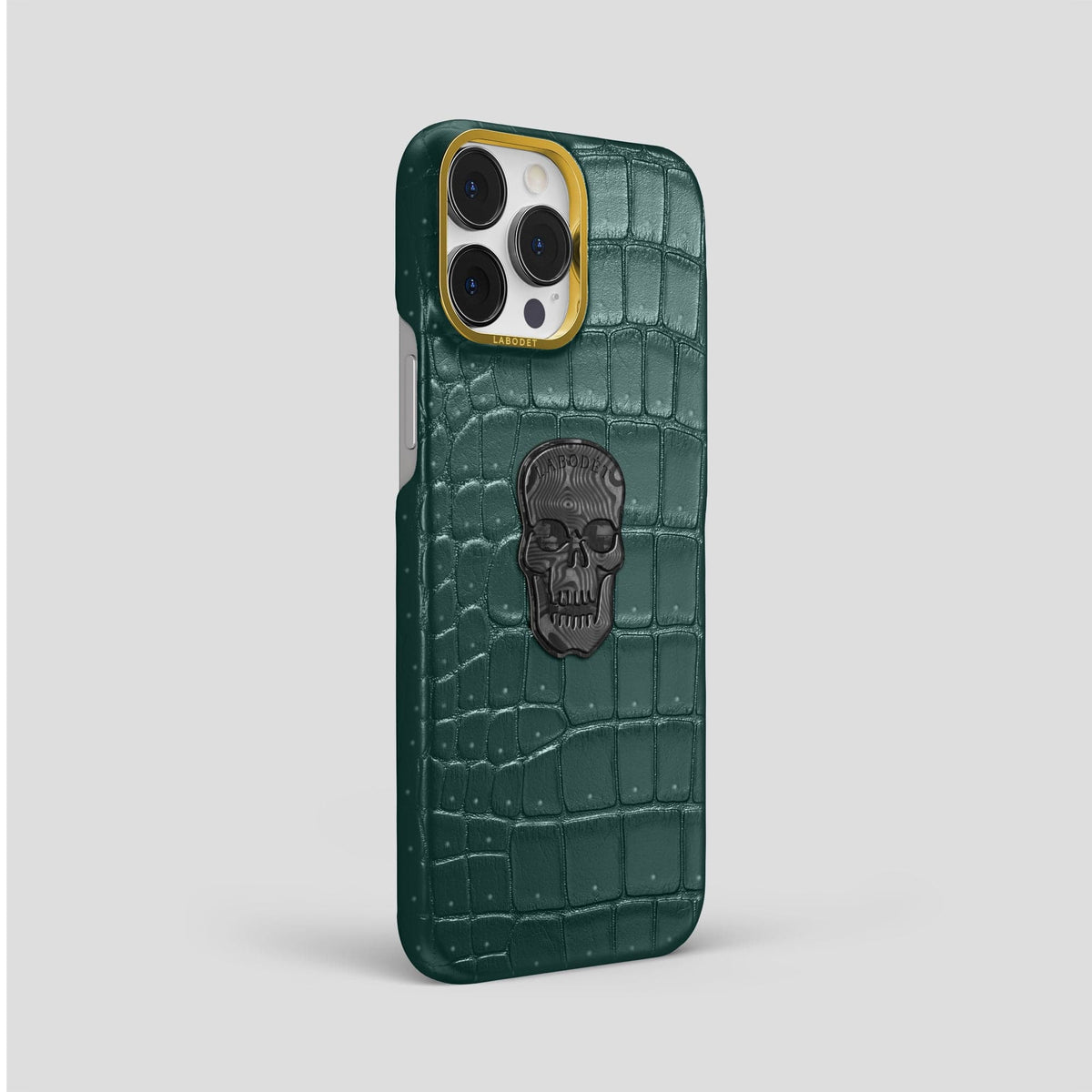 Dark-Forest iPhone 15 Pro Max Classic Case Porosus Crocodile with Gold Metal -2 | Dark-Forest-Gold