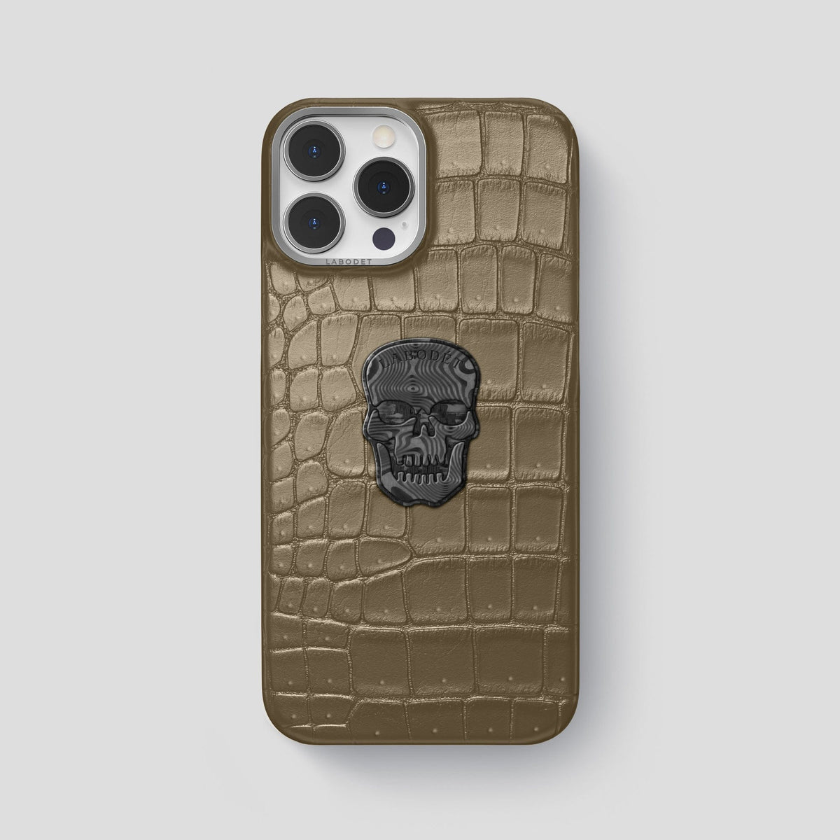 Kaki-Green iPhone 15 Pro Max Classic Case Porosus Crocodile with Steel Metal -1 | Kaki-Green-Steel