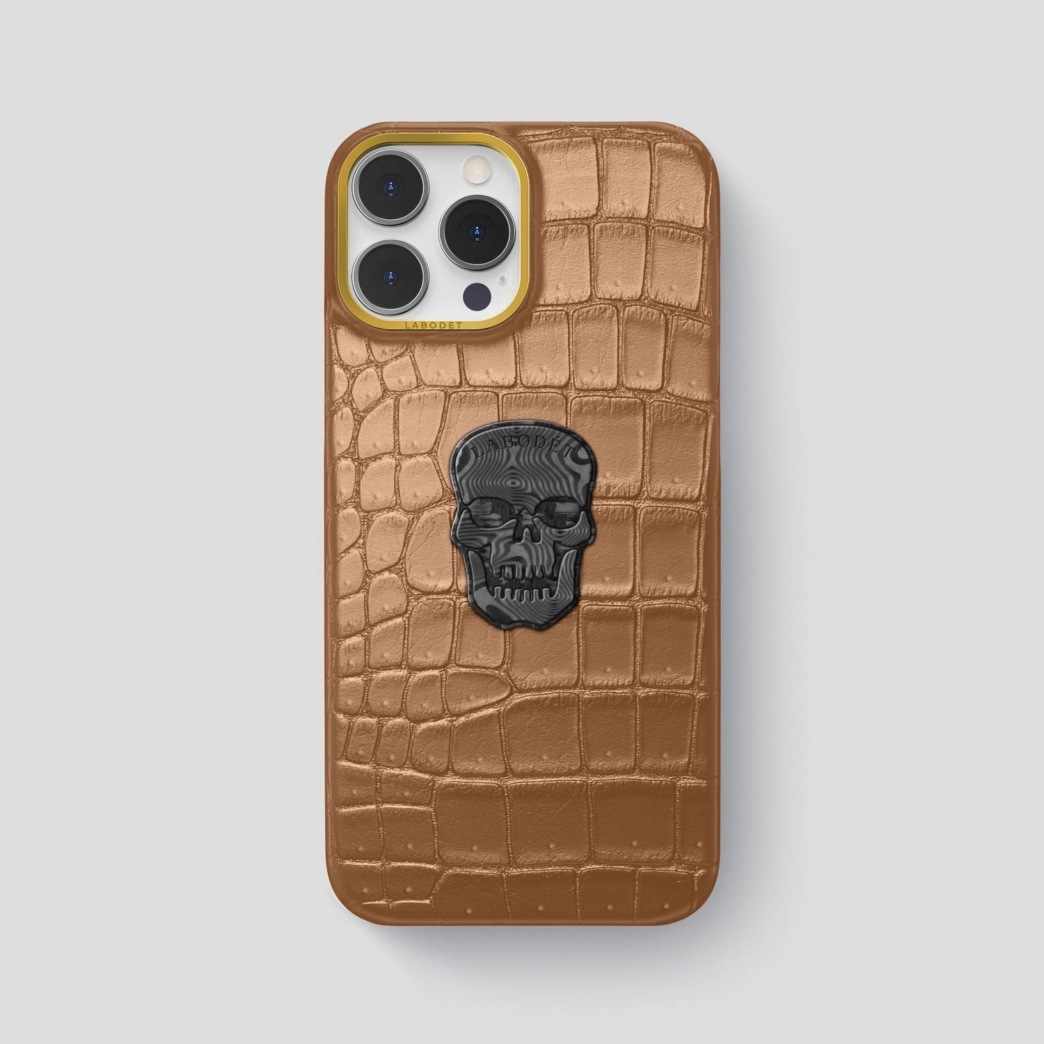 Milk-Chocolate iPhone 15 Pro Max Classic Case Porosus Crocodile with Gold Metal -1 | Milk-Chocolate-Gold