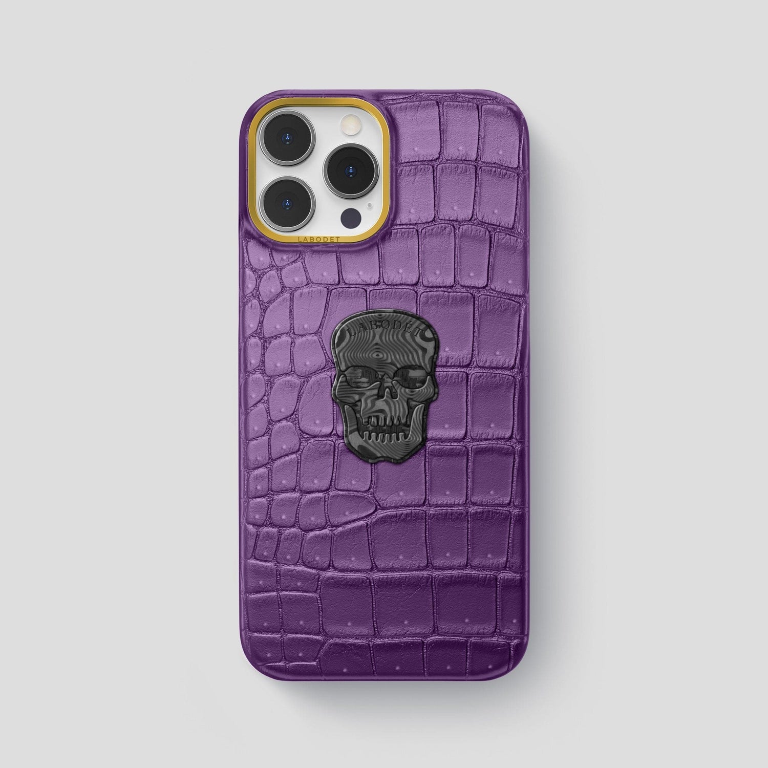 Purple iPhone 15 Pro Max Classic Case Porosus Crocodile with Gold Metal -1 | Purple-Gold