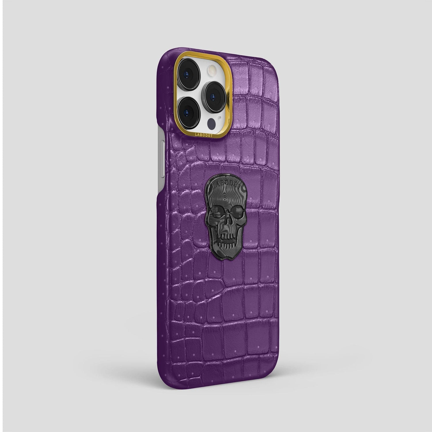 Purple iPhone 15 Pro Max Classic Case Porosus Crocodile with Gold Metal -2 | Purple-Gold