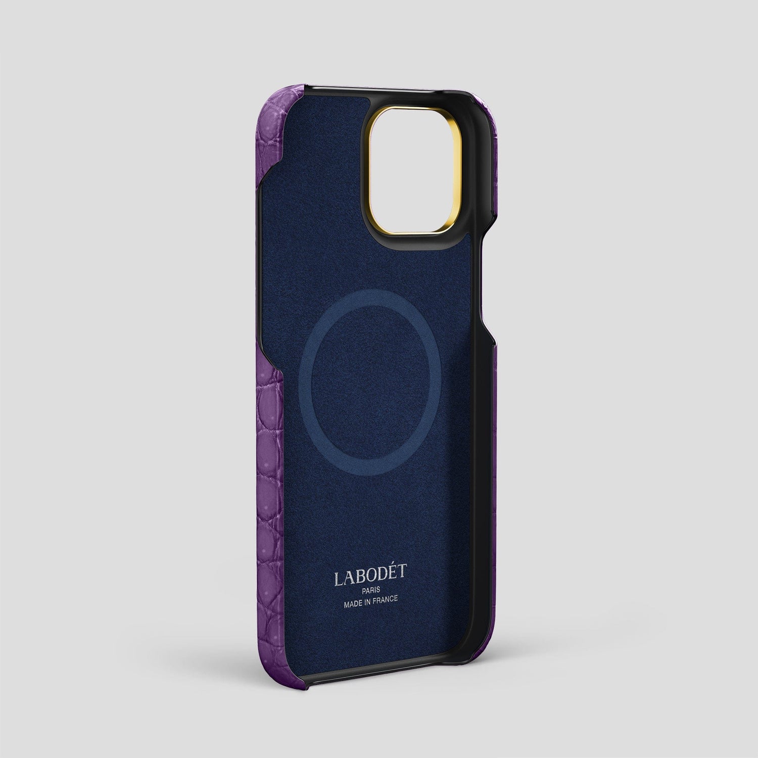 Purple iPhone 15 Pro Max Classic Case Porosus Crocodile with Gold Metal -4 | Purple-Gold