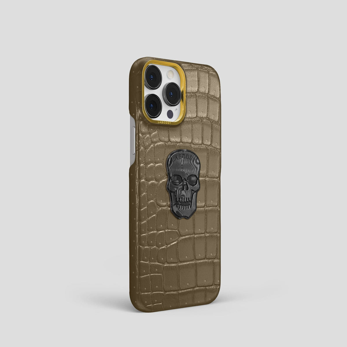 Kaki-Green iPhone 15 Pro Classic Case Porosus Crocodile with Gold Metal -2 | Kaki-Green-Gold