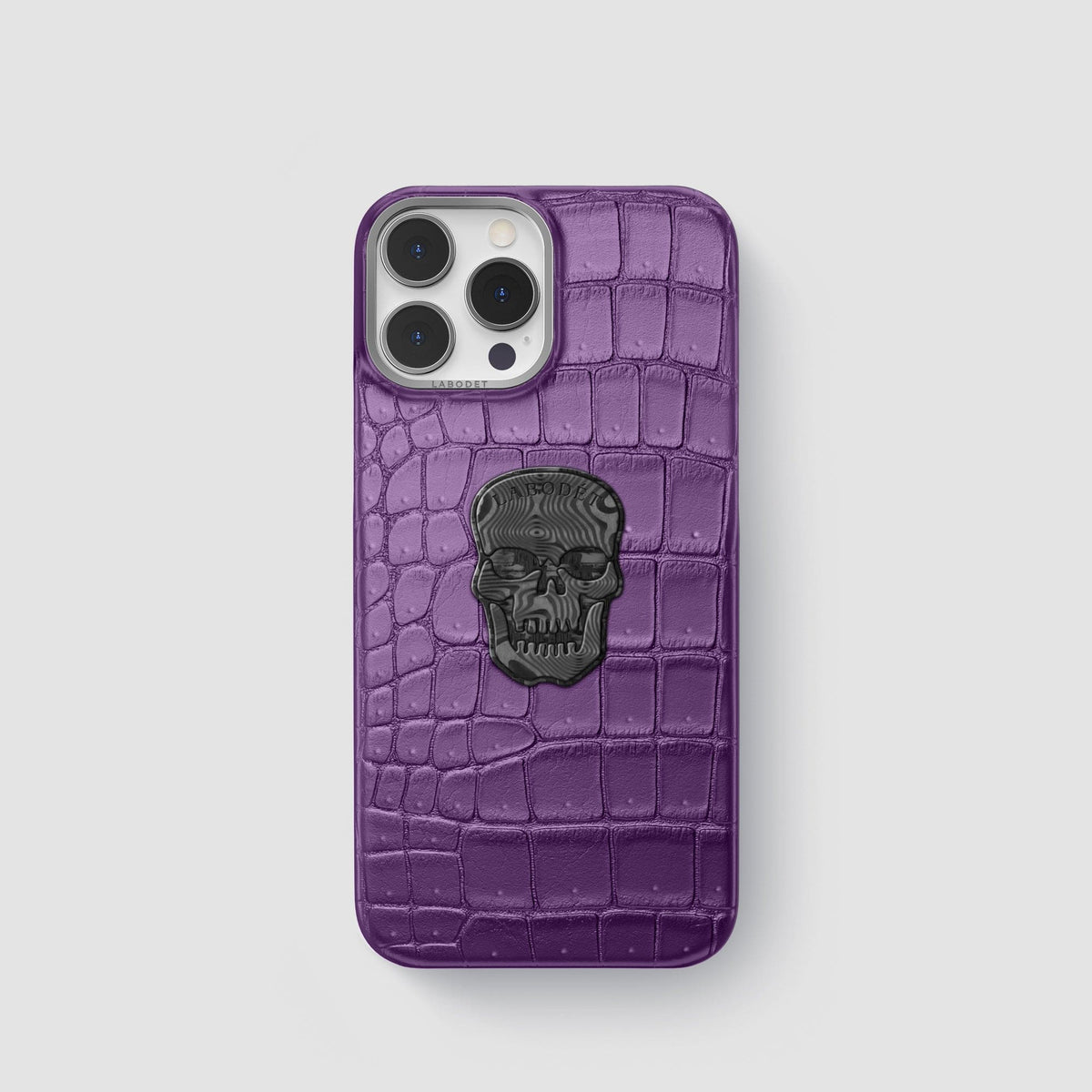 Purple iPhone 15 Pro Classic Case Porosus Crocodile with Steel Metal -1 | Purple-Steel