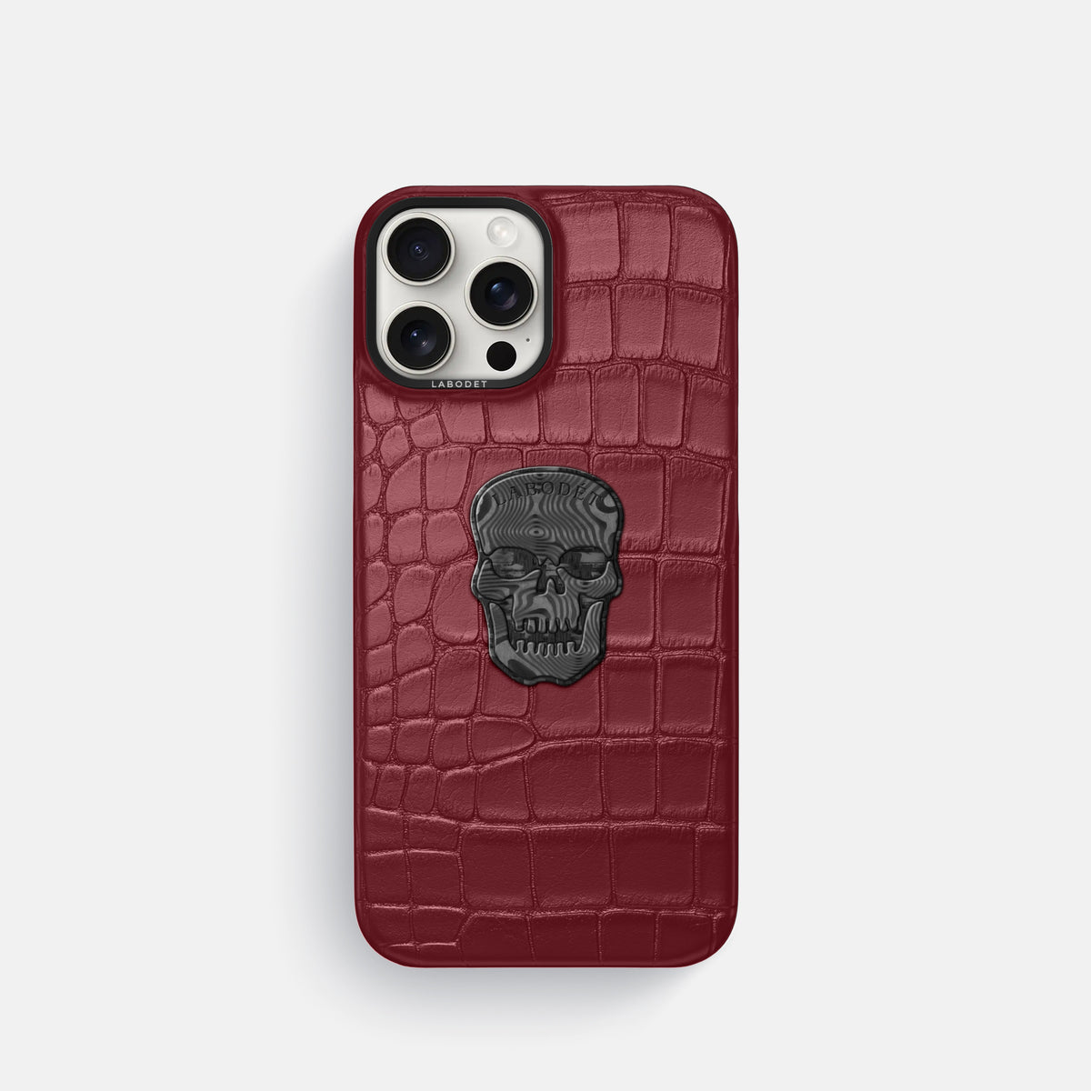 Burgundy iPhone 16 Pro Classic Case Alligator with Black Metal -1 | Burgundy-Black