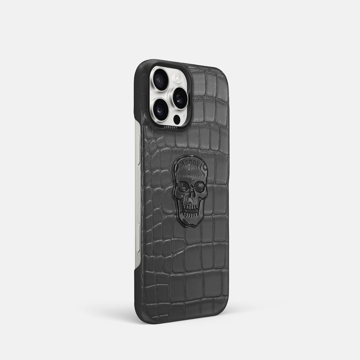 Grey iPhone 16 Pro Classic Case Alligator with Black Metal -2 | Grey-Black