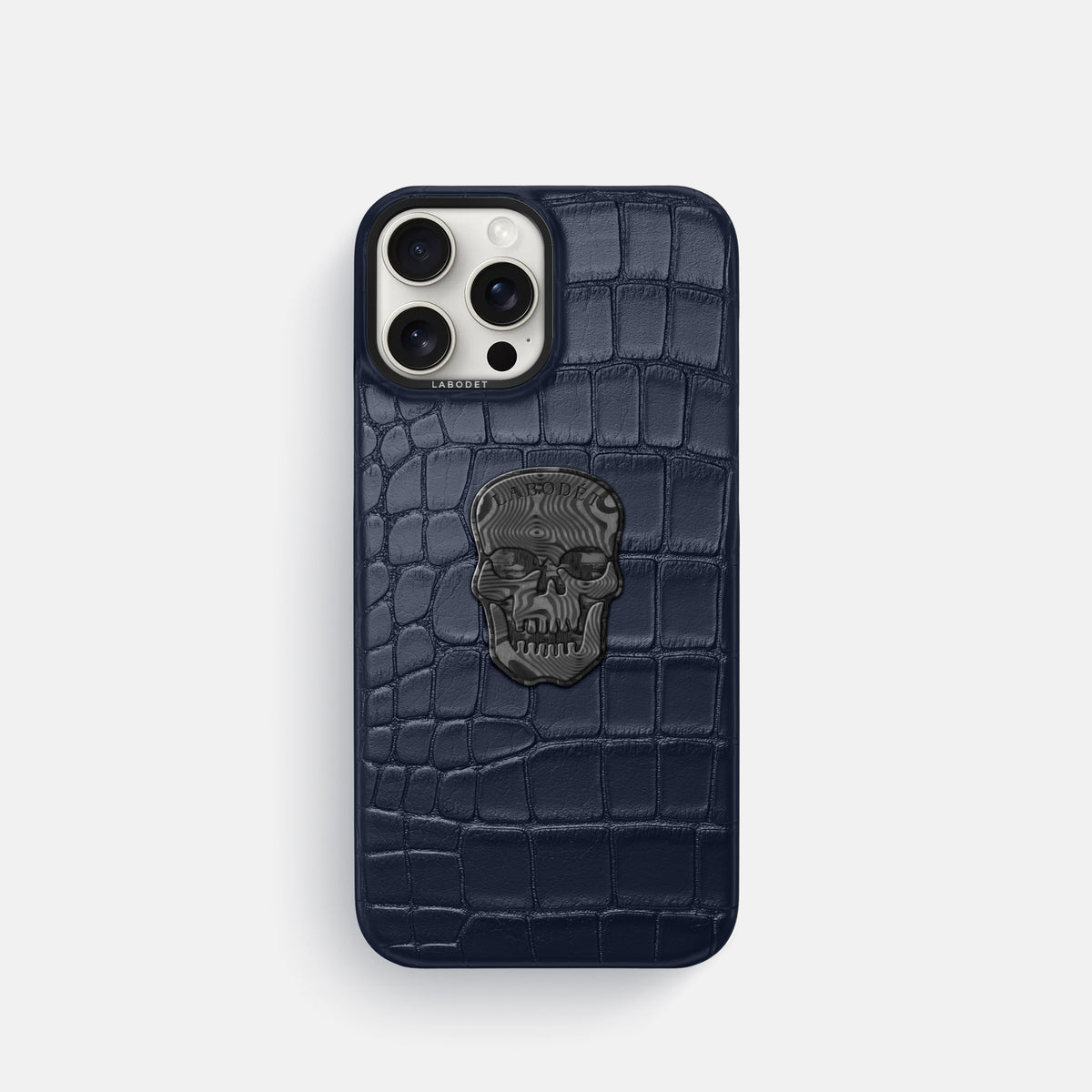 Navy Blue iPhone 16 Pro Classic Case Alligator with Black Metal -1 | Navy-Blue-Black
