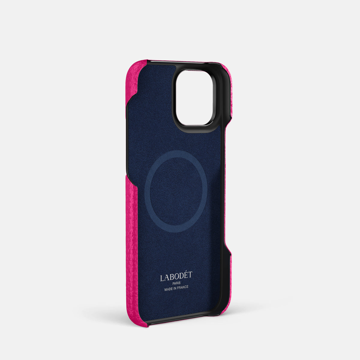 Magenta iPhone 16 Pro Classic Case Calf with Black Metal -4 | Magenta-Black