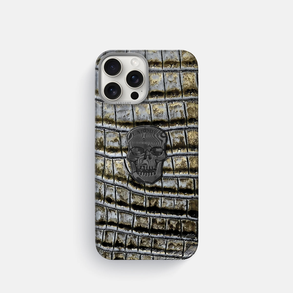 Antique-Bronze iPhone 16 Pro Classic Case Himalayan Crocodile with Steel Metal -1 | Antique-Bronze-Steel