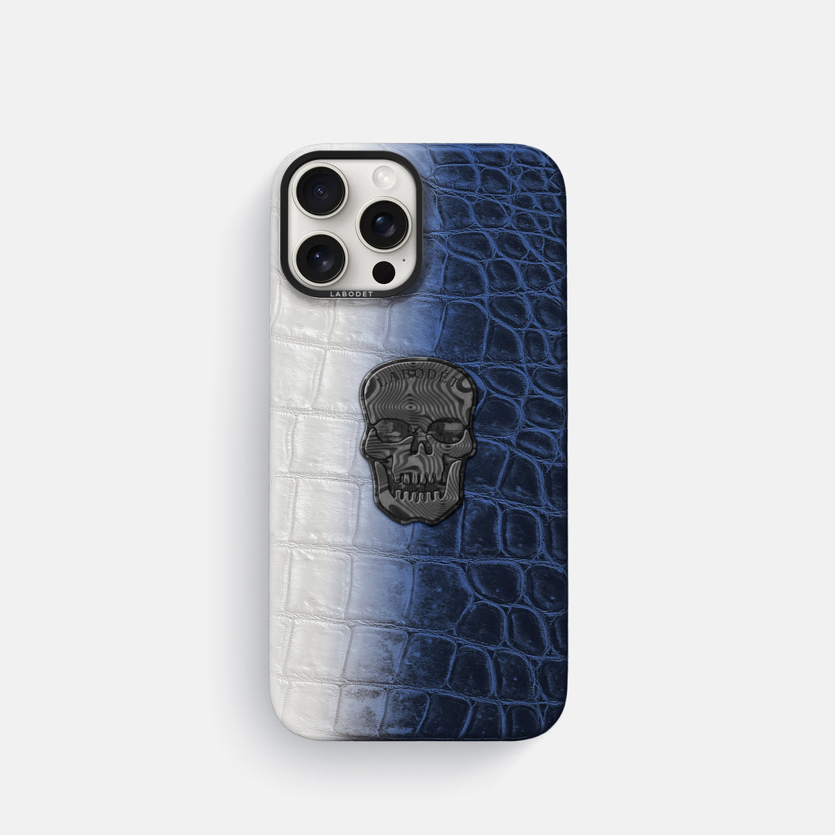 Navy Blue iPhone 16 Pro Classic Case Himalayan Crocodile with Black Metal -1 | Navy-Blue-Black
