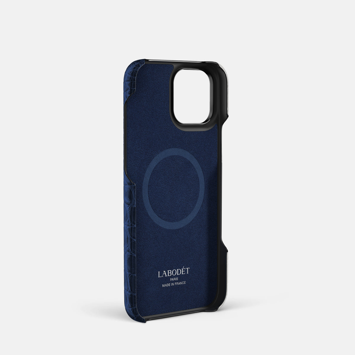 Navy Blue iPhone 16 Pro Classic Case Himalayan Crocodile with Black Metal -3 | Navy-Blue-Black