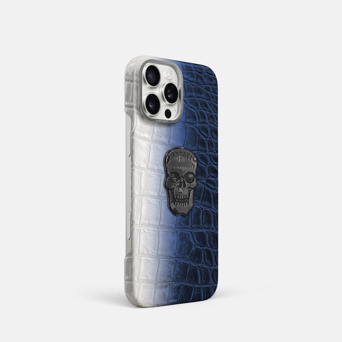 Navy Blue iPhone 16 Pro Classic Case Himalayan Crocodile with Steel Metal -2 | Navy-Blue-Steel