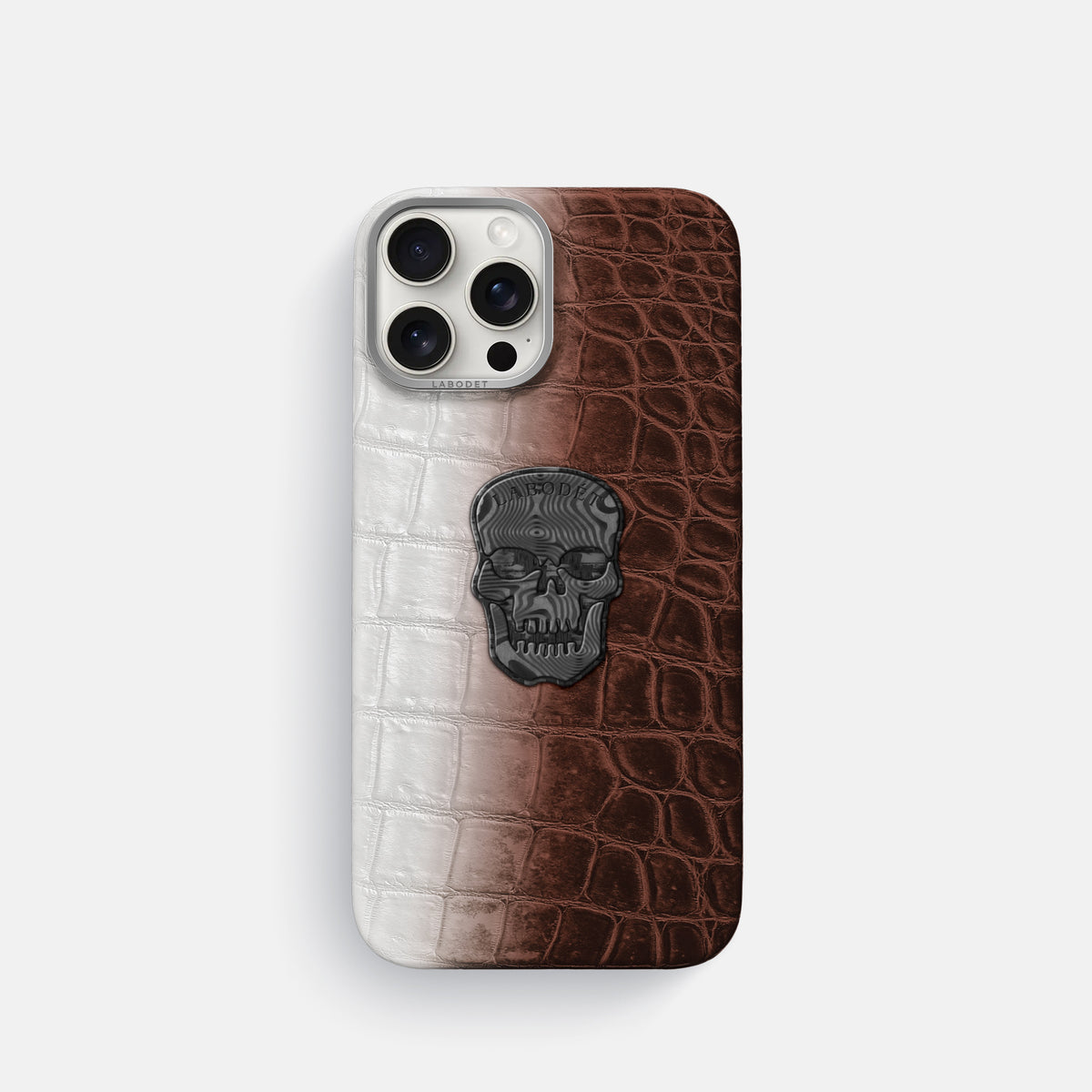 Dark Brown iPhone 16 Pro Classic Case Himalayan Crocodile with Steel Metal -1 | Dark-Brown-Steel