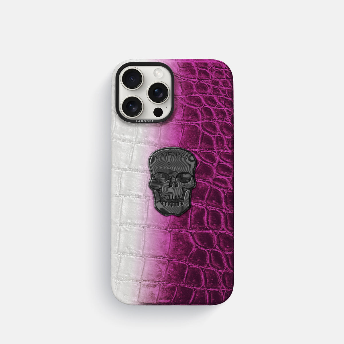 Fuchsia iPhone 16 Pro Classic Case Himalayan Crocodile with Black Metal -1 | Fuchsia-Black