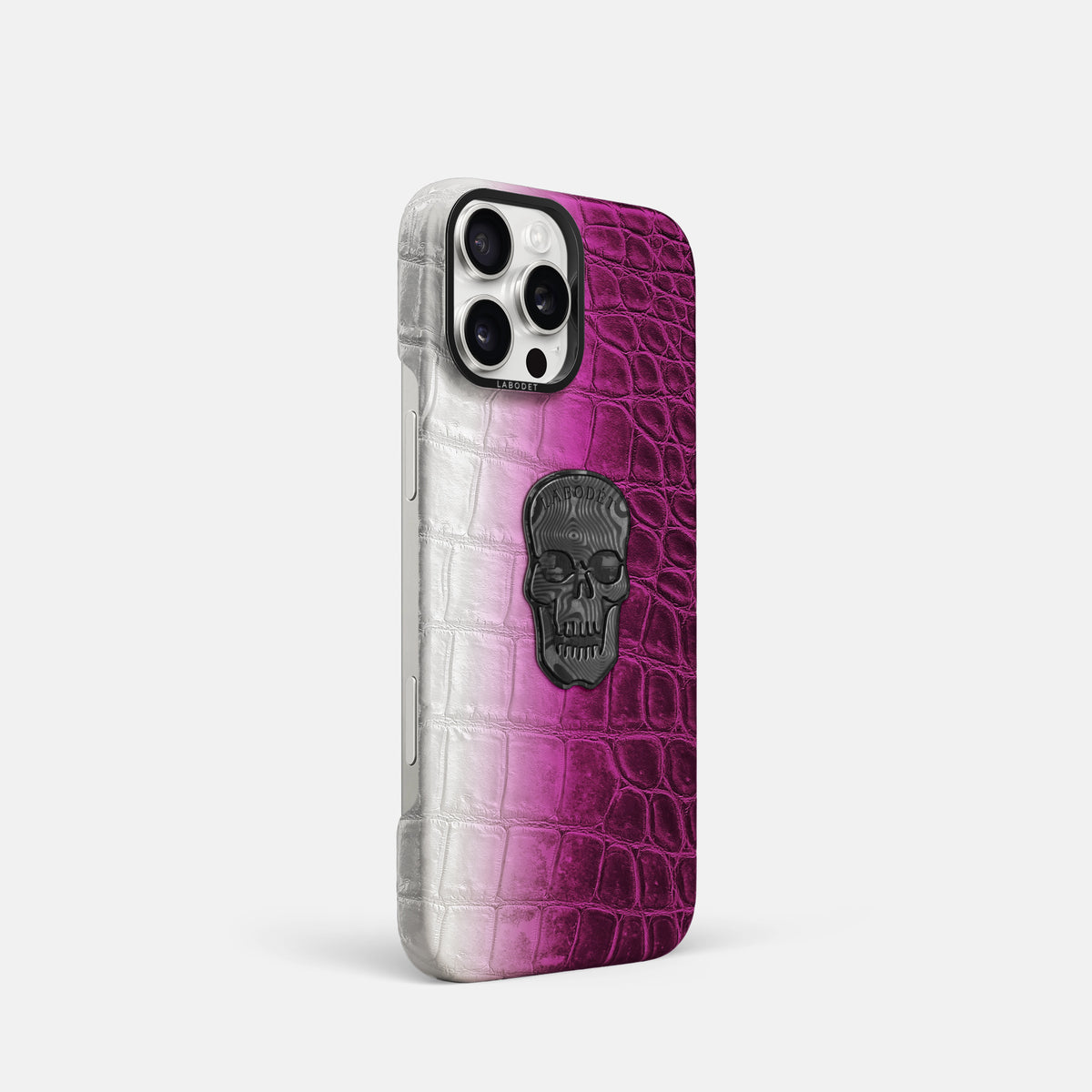 Fuchsia iPhone 16 Pro Classic Case Himalayan Crocodile with Black Metal -2 | Fuchsia-Black