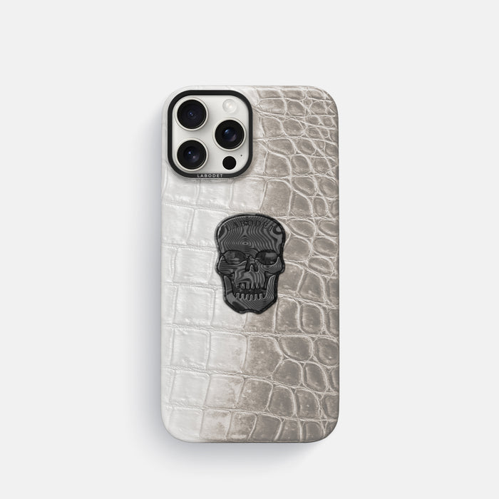 Grey iPhone 16 Pro Classic Case Himalayan Crocodile with Black Metal -1 | Grey-Black