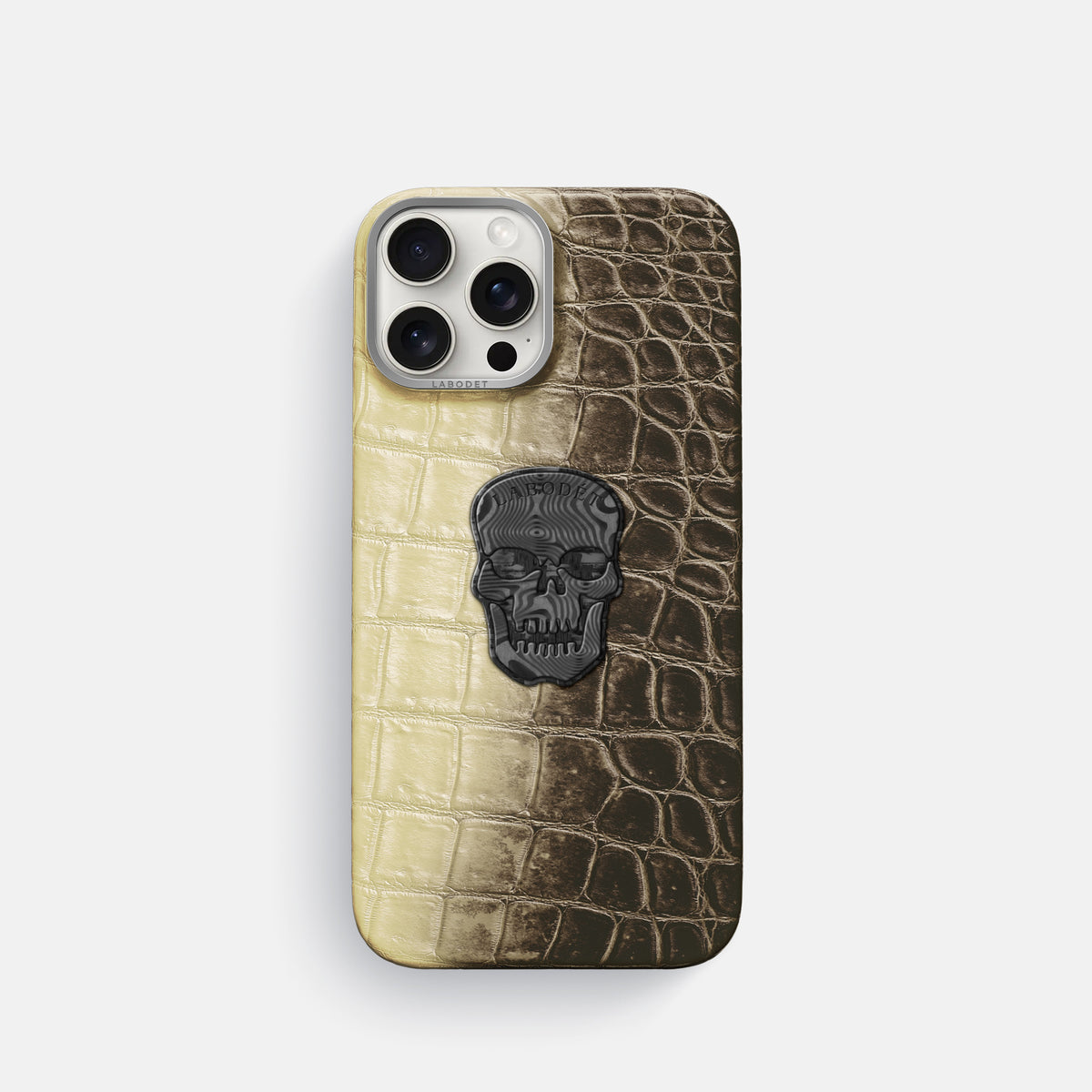 Natural iPhone 16 Pro Classic Case Himalayan Crocodile with Steel Metal -1 | Natural-Steel