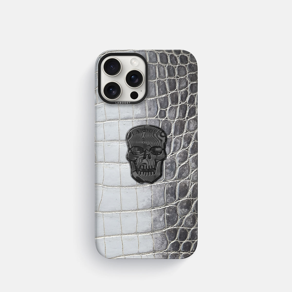 Silver iPhone 16 Pro Classic Case Himalayan Crocodile with Black Metal -1 | Silver-Black