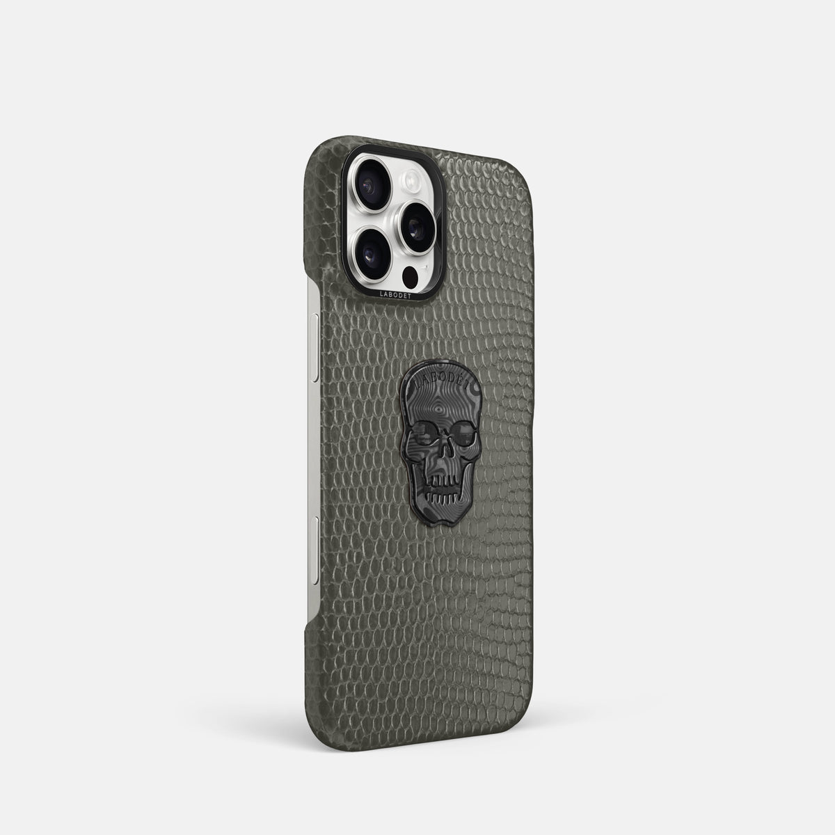 Grey iPhone 16 Pro Classic Case Lizard with Black Metal -2 | Grey-Black