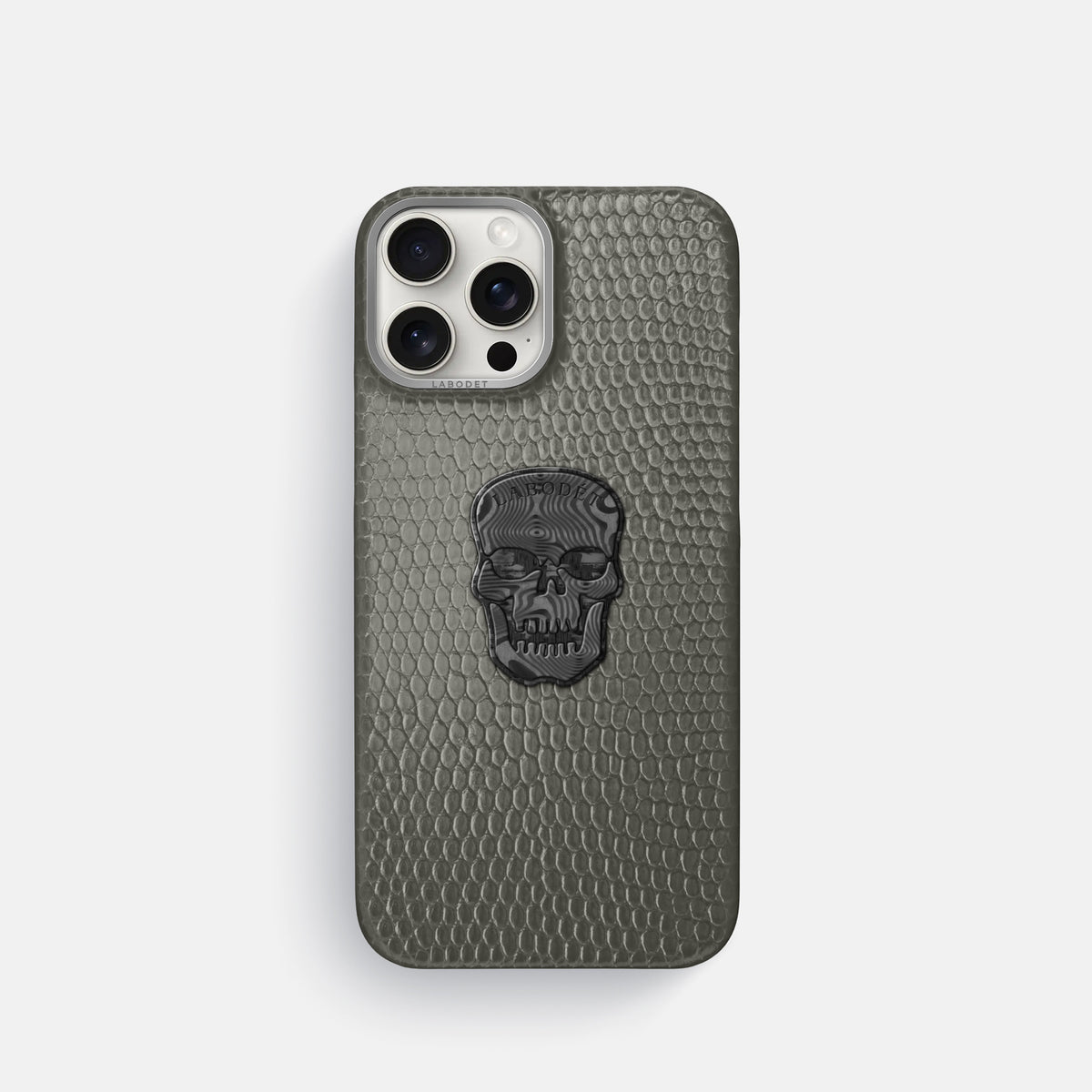 Grey iPhone 16 Pro Classic Case Lizard with Steel Metal -1 | Grey-Steel