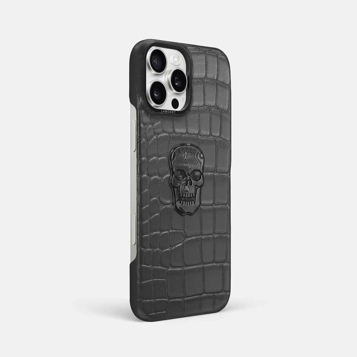 Grey iPhone 16 Pro Max Classic Case Alligator with Black Metal -2 | Grey-Black
