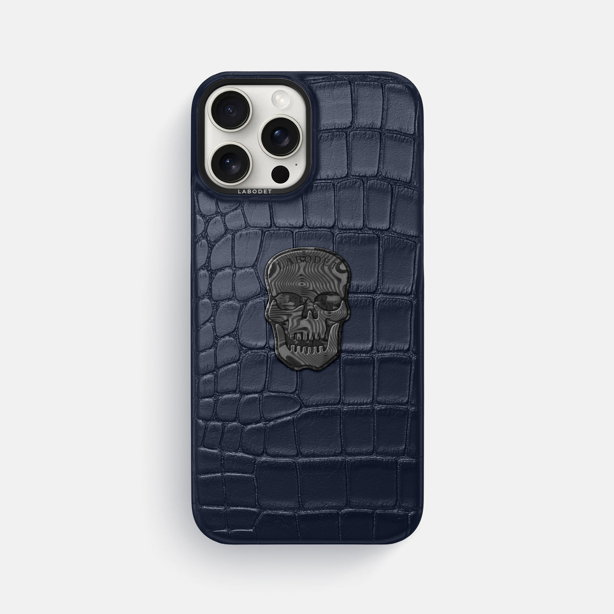 Navy Blue iPhone 16 Pro Max Classic Case Alligator with Black Metal -1 | Navy-Blue-Black