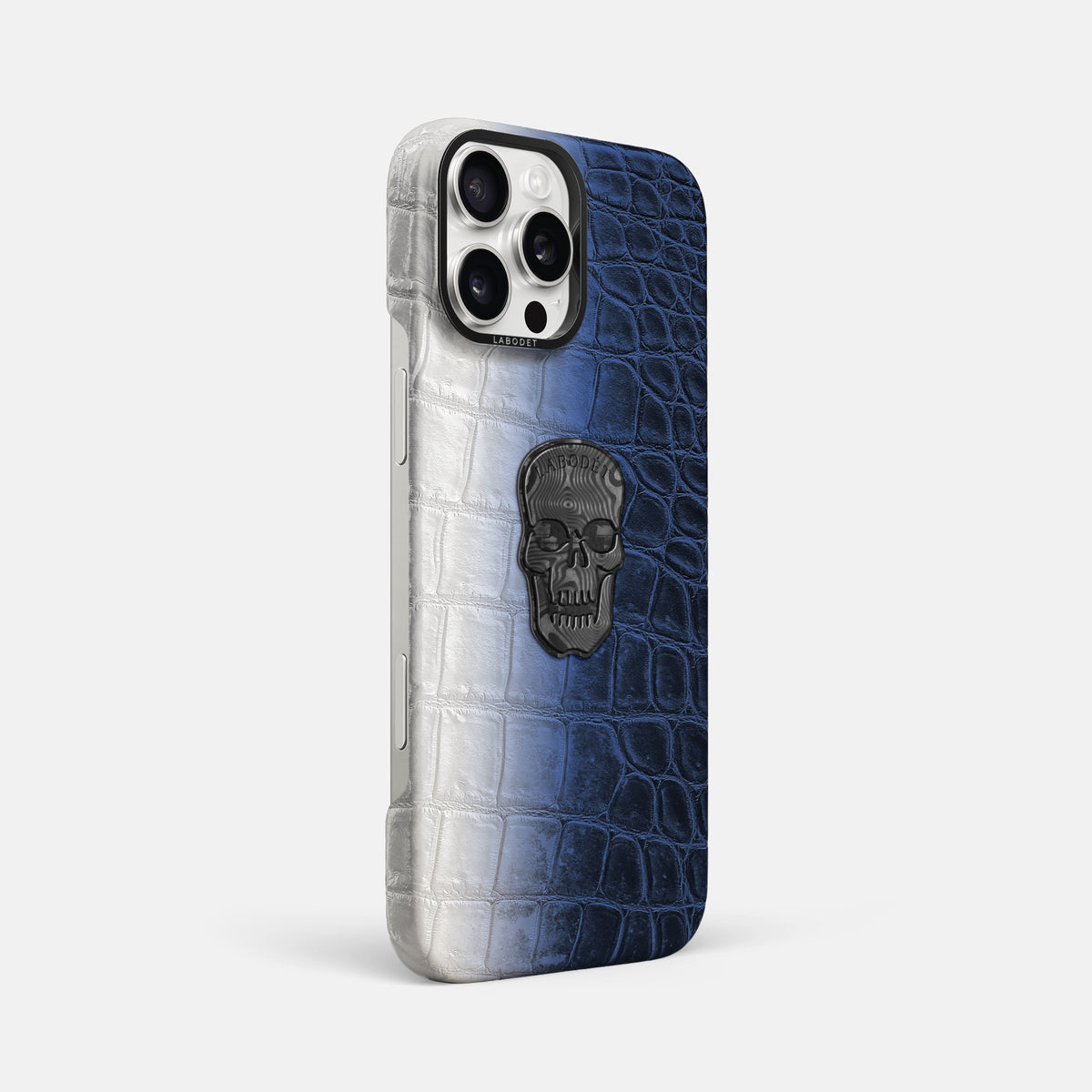 Navy Blue iPhone 16 Pro Max Classic Case Himalayan Crocodile with Black Metal -2 | Navy-Blue-Black