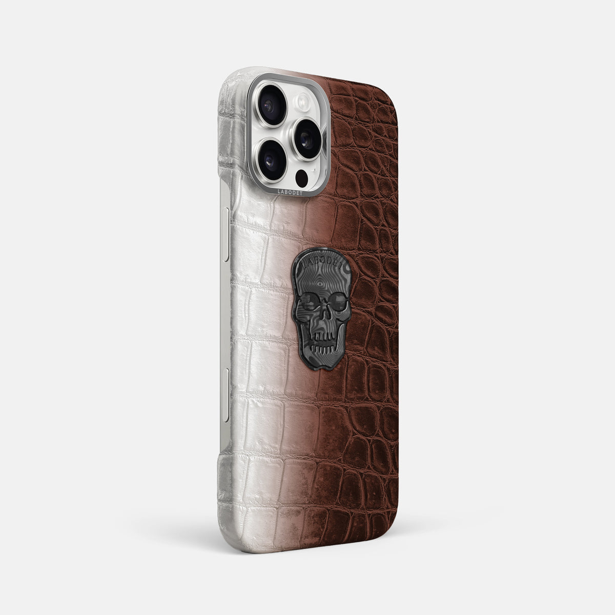 Dark Brown iPhone 16 Pro Max Classic Case Himalayan Crocodile with Steel Metal -2 | Dark-Brown-Steel