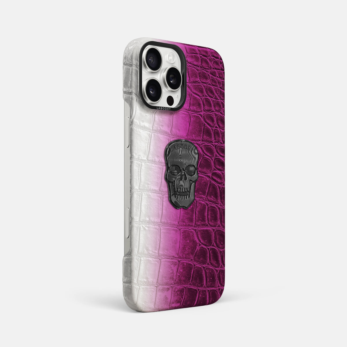 Fuchsia iPhone 16 Pro Max Classic Case Himalayan Crocodile with Black Metal -2 | Fuchsia-Black