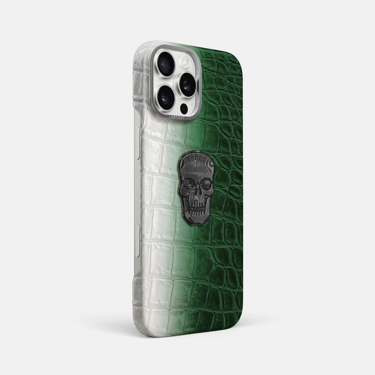 Green iPhone 16 Pro Max Classic Case Himalayan Crocodile with Steel Metal -2 | Green-Steel