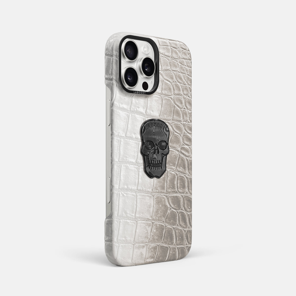 Grey iPhone 16 Pro Max Classic Case Himalayan Crocodile with Black Metal -2 | Grey-Black
