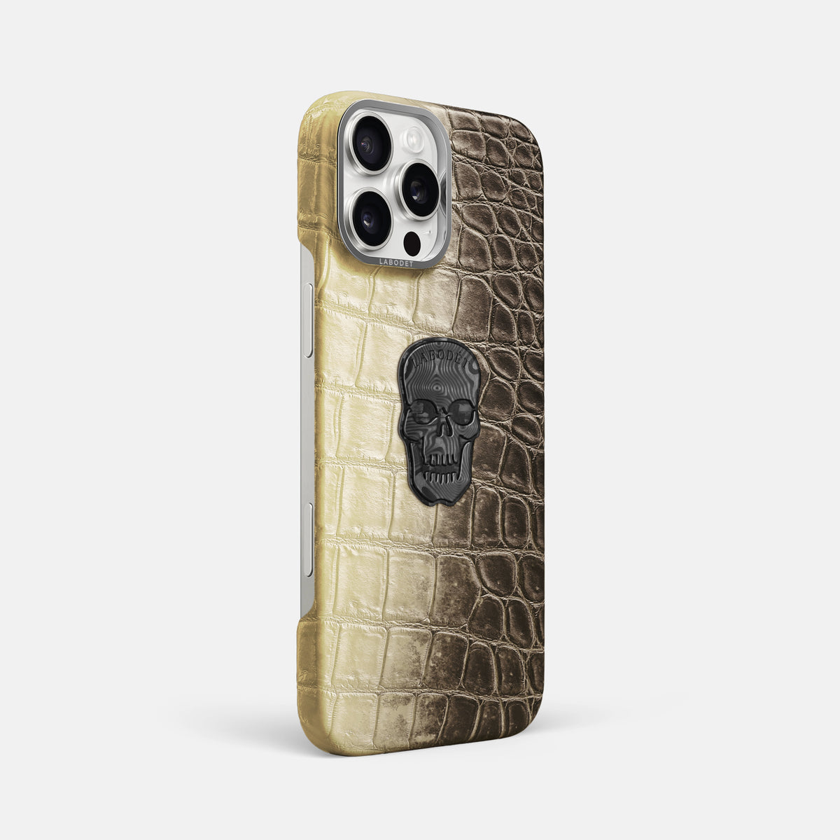 Natural iPhone 16 Pro Max Classic Case Himalayan Crocodile with Steel Metal -2 | Natural-Steel