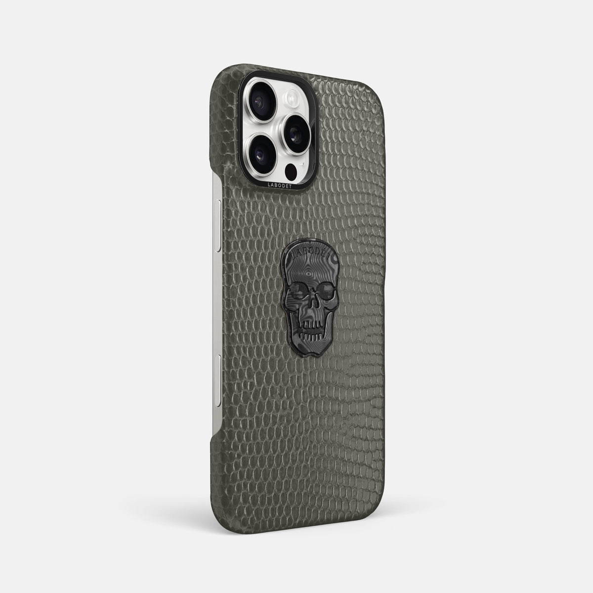 Grey iPhone 16 Pro Max Classic Case Lizard with Black Metal -2 | Grey-Black