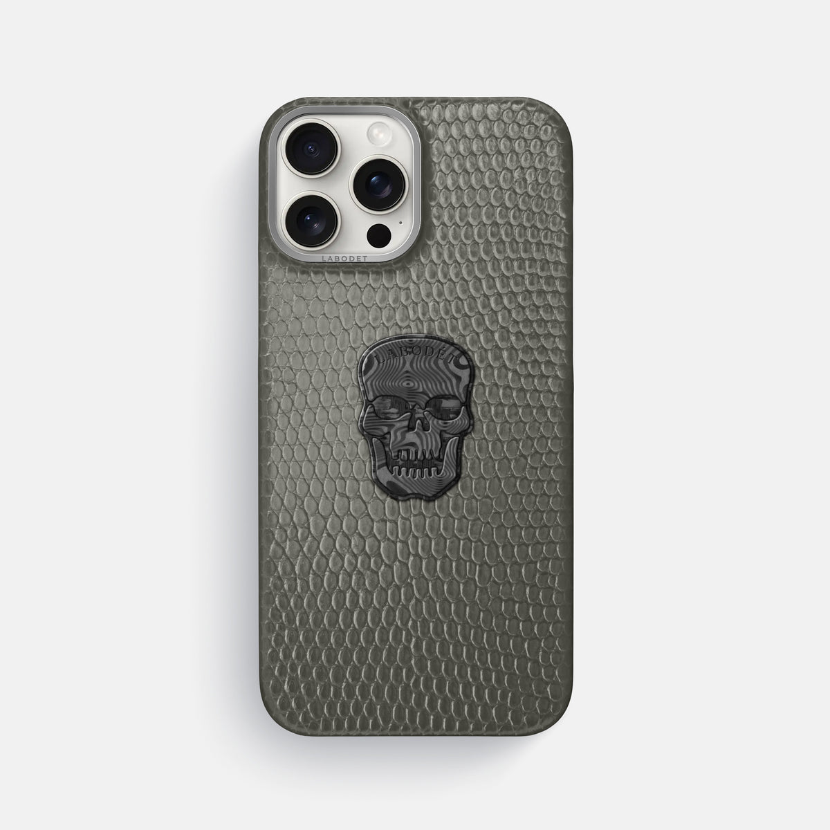 Grey iPhone 16 Pro Max Classic Case Lizard with Steel Metal -1 | Grey-Steel