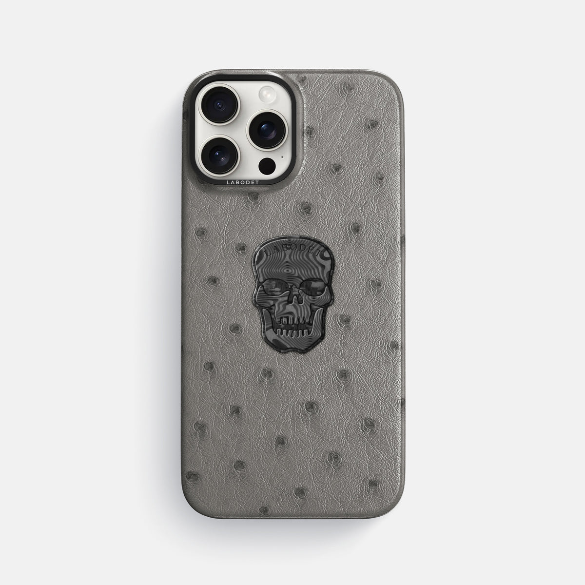 Grey iPhone 16 Pro Max Classic Case Ostrich with Black Metal -1 | Grey-Black