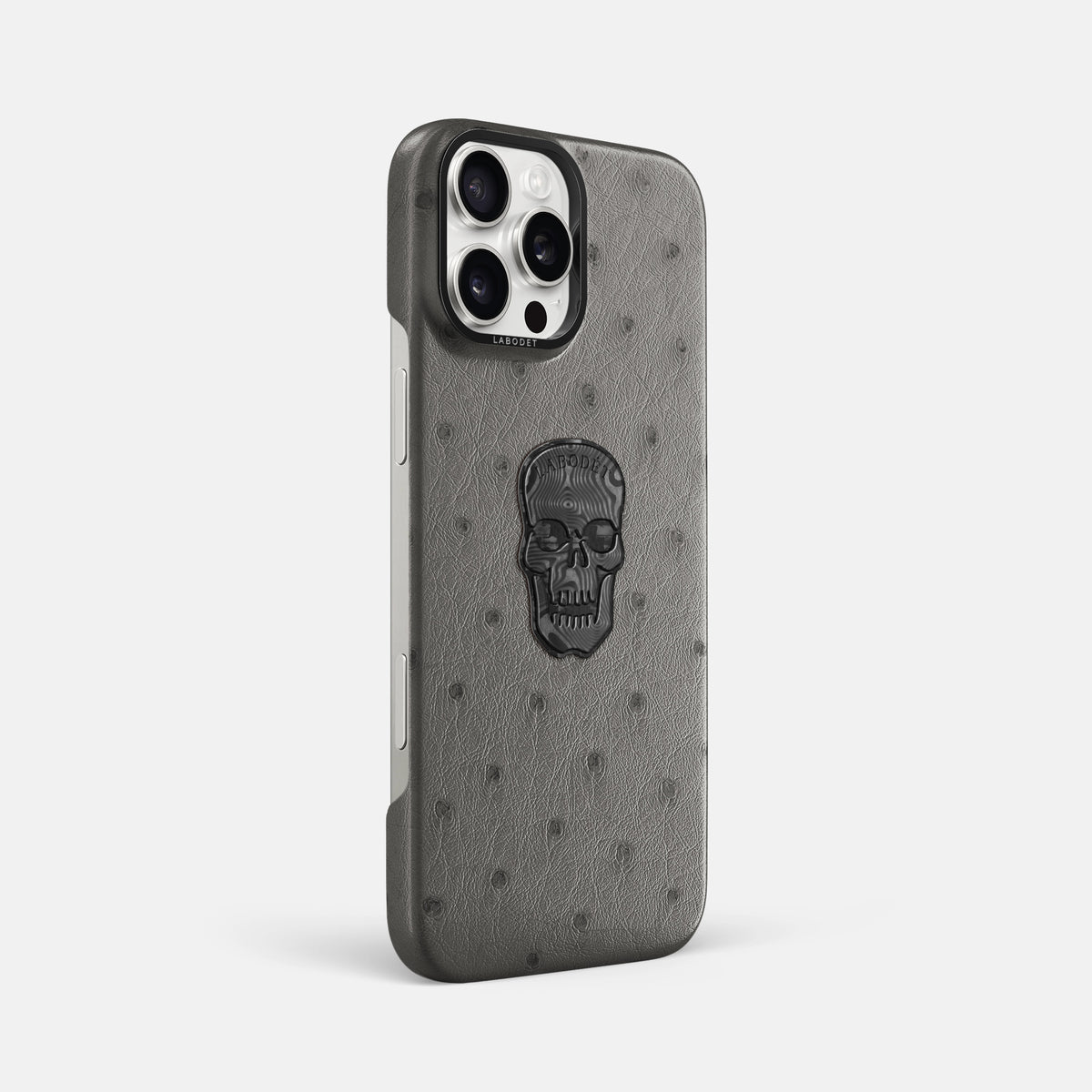 Grey iPhone 16 Pro Max Classic Case Ostrich with Black Metal -2 | Grey-Black