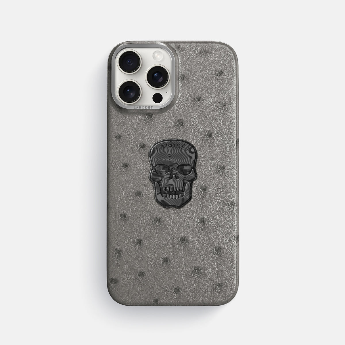 Grey iPhone 16 Pro Max Classic Case Ostrich with Steel Metal -1 | Grey-Steel