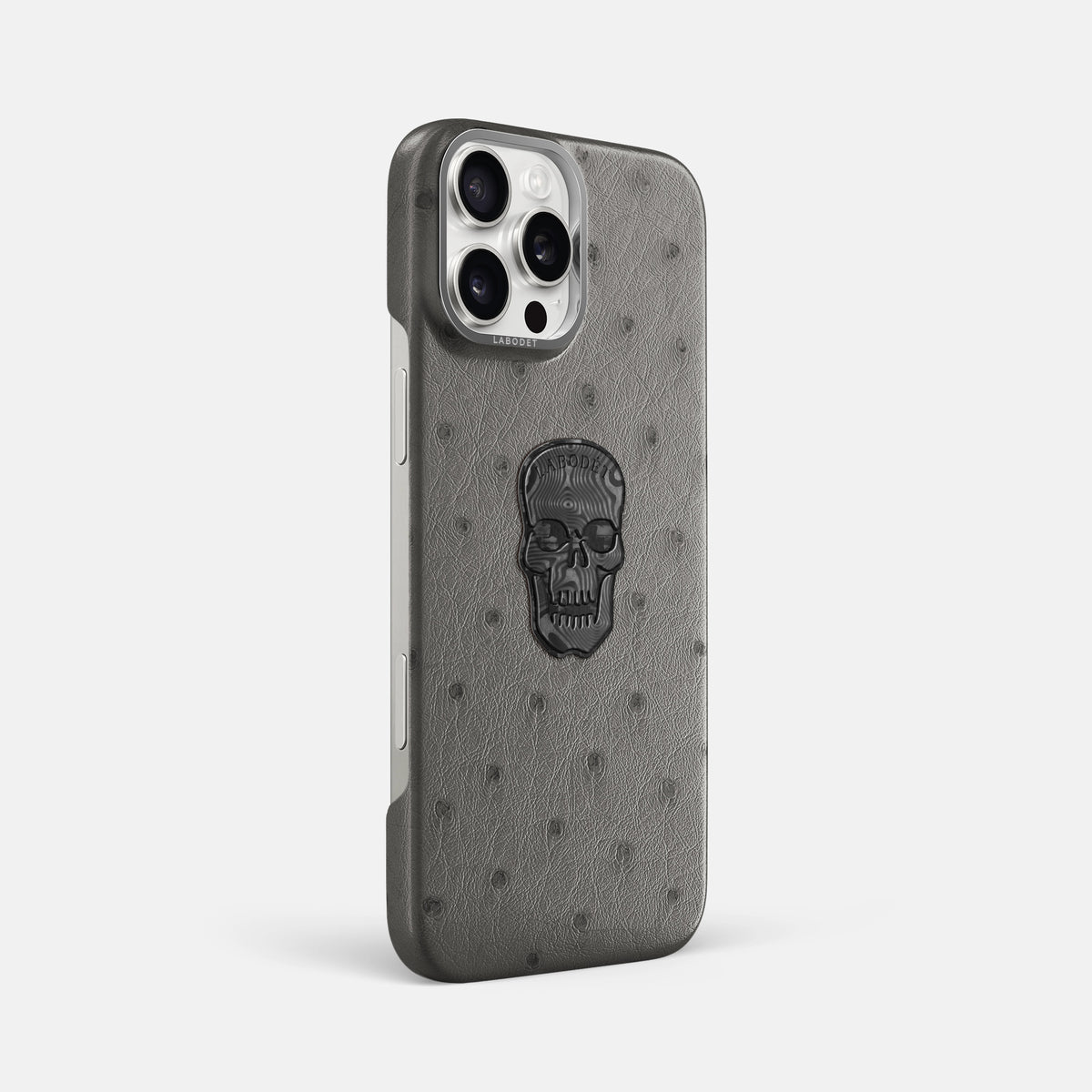Grey iPhone 16 Pro Max Classic Case Ostrich with Steel Metal -2 | Grey-Steel