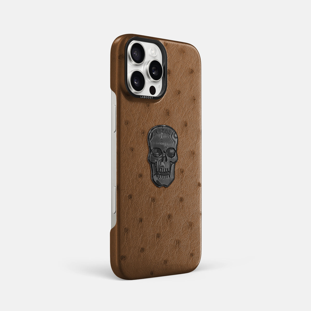 Medium-Brown iPhone 16 Pro Max Classic Case Ostrich with Black Metal -2 | Medium-Brown-Black